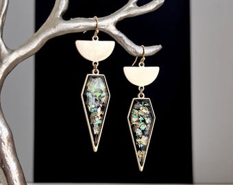 Art Deco earrings, geometric abalone shell earrings, vintage inspired dangle earrings, modern statement jewelry, gift for her