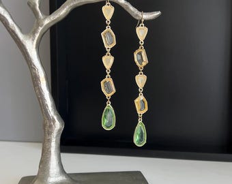 Champagne Crystal Earrings with Mint Green Teardrop, Long Statement Earrings, Art Deco Geometric Earrings, Wedding Jewelry, Gift for Her