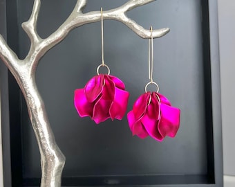 Fuchsia flower earrings, statement hot pink petal earrings, lightweight floral dangle earrings, boho bridal earrings, wedding earrings, gift