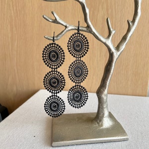 Black geometric earrings, black lace earrings, textile earrings, lightweight earrings, gift for her, cotton earrings, statement earrings
