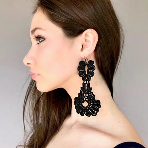 Black Lace Statement Earrings, Oversized Drop Earrings, Boho Lace Jewelry, Lightweight Earrings, Gift for Her, Elegant Black Lace Earrings