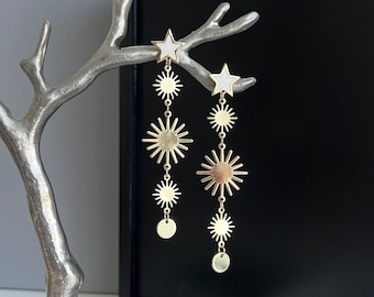 Gold Celestial Statement Earrings, Star Sunburst Earrings, Long Dangle Earrings, Cocktail Earrings, Evening Party Jewelry, Cosmic Earrings