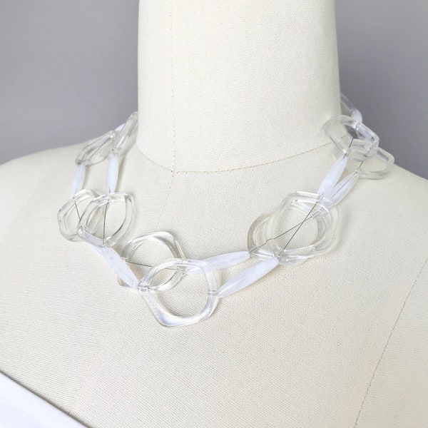 Clear acrylic infinity necklace, beaded necklace, white statement necklace, geometric necklace, modern necklace, gift for mom, gift for her