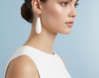 Large White Teardrop Earrings, Geometric Statement Earrings, Long White Drop Earrings, Modern Lightweight Dangle Earrings, Wedding Earrings