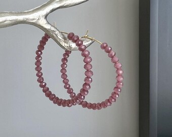 Dusty Rose Crystal Hoop Earrings, Mauve Beaded Hoop Earrings, Gold Hoop Earrings, Faceted Glass Bead Hoops, Lightweight Statement Earrings