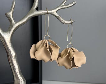 Taupe Petal Earrings, Nude Petal Flower Earrings, Modern Floral Earrings, Lightweight Statement Earrings, Contemporary Earrings, Gifts