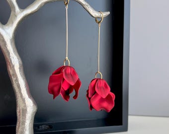 Red Petal Long Drop Dangle Earrings: Statement Boho Bridal Jewelry, Gift For Her