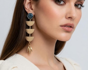 Art Deco Earrings, Long Gold Statement Earrings, Geometric Dangle Earrings, Blue Gold Earrings, Modern Art Deco Jewelry, Boho Drop Earrings