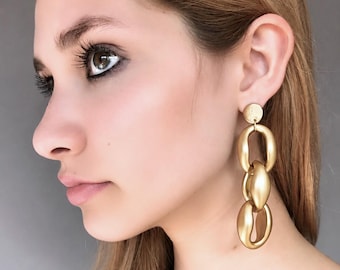 Gold Statement Earrings, Chunky Chain Link Earrings, Modern Geometric Earrings, Long Dangle Acrylic Earrings, Bold Minimalist Jewelry Gift