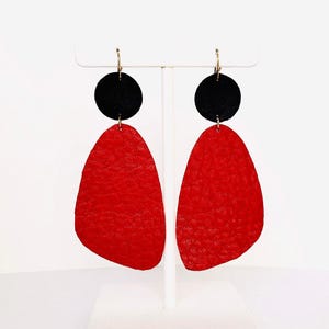 Red geometric earrings, leather earrings, lightweight gray earrings, gift for her, statement red earrings, minimalist black earrings
