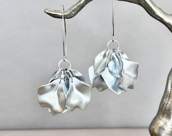 Silver leaf drop earrings, silver petal dangle earrings, statement chic earrings, flower boho earrings, floral earrings, gift for her