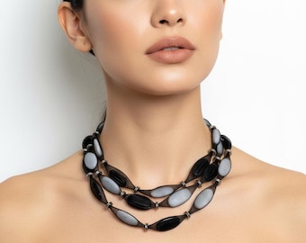 Black white mesh statement necklace, geometric acrylic bead necklace, modern layered necklace, bold black necklace, contemporary necklace