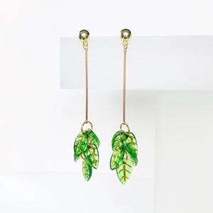 Green leaf earrings, statement earrings, petal drop earrings, glass leaf earrings, boho dangle earrings, gift for women