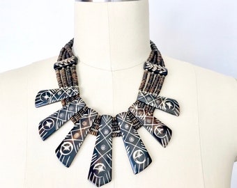 Statement brown necklace, african style bib necklace, unique necklace, gift for her, one-of-a-kind necklace, vintage buffalo bone necklace