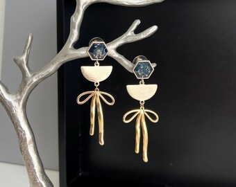 Gold Bow Drop Earrings, Statement Black Hexagon Stud Earrings, Modern Gold Dangle Earrings, Architectural Jewelry, Cocktail Earrings, Gifts