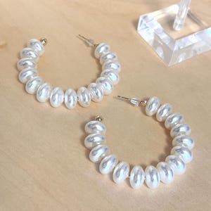 Pearl hoops, white hoop earrings, statement hoop earrings, pearl beads earrings, geometric earrings, elegant earrings, gift for her