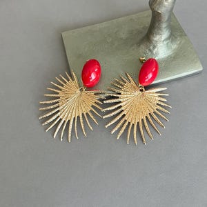 Gold Sunburst Earrings with Red Accent, Statement Drop Earrings, Bold Geometric Earrings, Celestial Dangle Earrings, Gift for Her