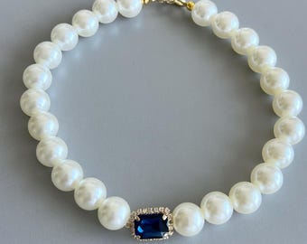 Pearl Choker Necklace, Sapphire Blue Crystal Choker, Bridal Necklace, Wedding Choker, Statement Pearl Collar, Elegant Bridesmaid Gift