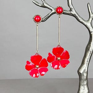 Red flower earrings, statement long drop red earrings, red boho dangle earrings, floral earrings, gift for women, gift for her, gifts