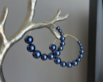 Navy Blue Pearl Hoop Earrings, Stainless Steel Hoop Earrings, Blue Bead Earrings, Elegant Hoop Earrings, Geometric Earrings, Gift for Her