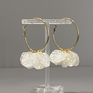 Statement hoop earrings, white petal earrings, gold hoops, geometric earrings, wedding earrings, white acrylic bead hoop earrings, gifts