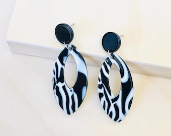 Zebra Print Oval Earrings: Black and White Acrylic Modern Jewelry