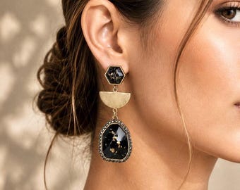 Art Deco Statement Earrings, Bronze Crystal Earrings, Black Gold Drop Earrings, Geometric Dangle Earrings, Vintage Style Jewelry, Gifts