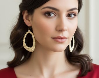 Gold Irregular Oval Earrings, Hammered Gold Statement Earrings, Organic Shape Geometric Earrings, Large Modern Earrings, Gift For Her