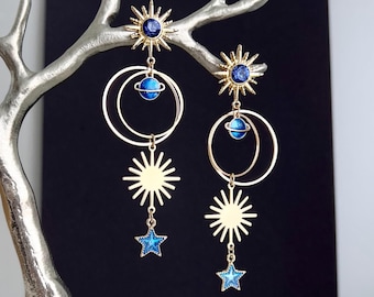 Blue Crystals Star Earrings, Celestial Gold Dangle Earrings, Sun Star Statement Earrings, Cosmic Jewelry, Long Drop Earrings, Gift for Her