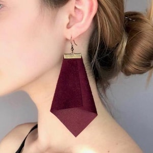 Maroon leather earrings, large burgundy geometric earrings, long drop earrings, minimalist statement earrings, contemporary earrings, gifts