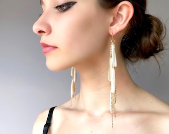 Beige Tassel Statement Earrings: Geometric Gold Chain Dangle
