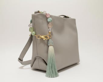 Mint Green Beaded Bag Charm with Tassel – Handmade Purse Accessory, Beaded Keychain, Elegant Bag Decoration, Gift for Her