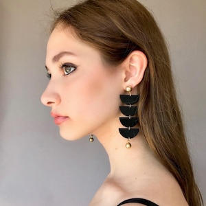Geometric Black Wood Statement Earrings: Art Deco Long Drop Design