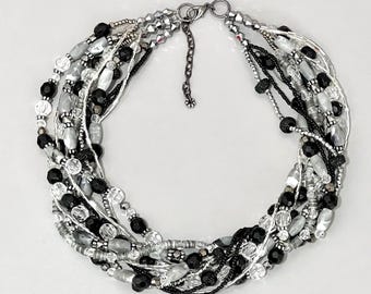 Statement Black Silver Necklace, Multi Strand Beaded Necklace, Wedding Mixed Media Crystal Necklace, Chunky Mixed Media Necklace, Gifts