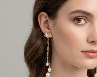 Pearl Drop Earrings, Gold Ginkgo Leaf Earrings, Bridal Earrings, Wedding Earrings, Long Pearl Dangle Earrings, Statement Drop Earrings, Gift