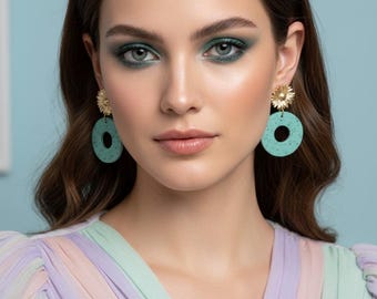 Turquoise Circle Earrings, Gold Flower Earrings, Geometric Statement Earrings, Disk Drop Earrings, Modern Acrylic Earrings, Gift for Her