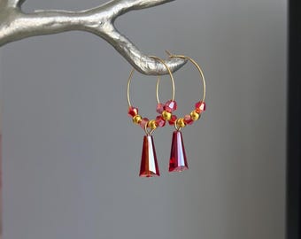 Red Crystal Hoop Earrings, Gold Stainless Steel Hoops Minimalist Earrings, Faceted Crystal Earrings, Lightweight Earrings, Gift for Her