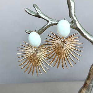 Gold Sunburst Earrings with White Accent, Statement Drop Earrings, Bold Geometric Earrings, Celestial Dangle Earrings, Gift for Her