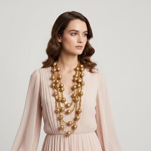 May include: A gold-colored beaded necklace with multiple strands of large, round beads. The necklace is worn over a light pink dress with long sleeves. The background is a plain, light gray.