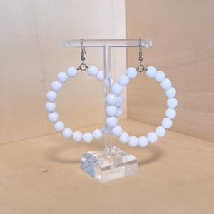 White hoops, statement hoop earrings, lightweight earrings, white geometric earrings, wedding earrings, white acrylic bead hoop earrings