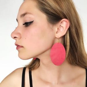 Red Leather Oval Earrings, Oversized Statement Earrings, Lightweight Bold Earrings, Modern Boho Jewelry, Handmade Gift for Her
