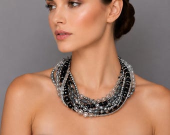 Black Silver Statement Necklace, Multi Strand Beaded Necklace, Crystal Bib Necklace, Vintage Inspired Jewelry, Chunky Necklace, Gift For Her