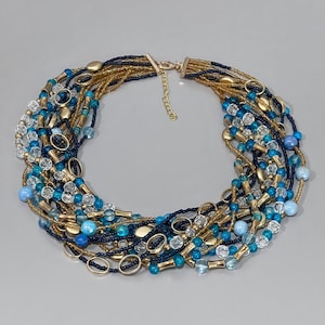Collar azul llamativo, collar único, collar con diseño de cuentas mixtas, collar de varias hebras, elegante collar para ocasiones especiales, regalo para ella