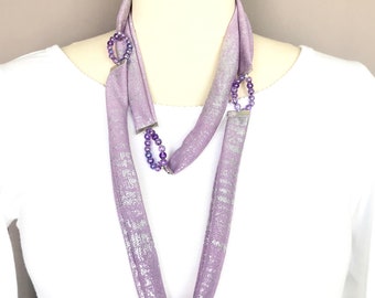 Purple Infinity scarf necklace, textile necklace, gift necklace, mix-media necklace, purple bead necklace