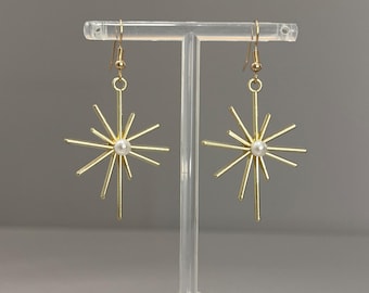 Gold Star Drop Earrings: Minimalist Celestial Pearl Earrings