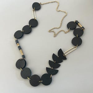 Black geometric necklace, leather and wood necklace, long modern necklace, contemporary necklace, black necklace, designer necklace, gifts
