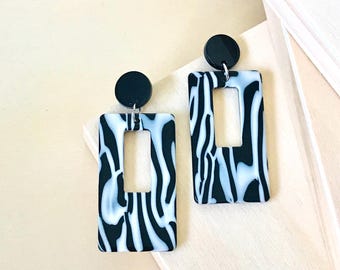 Zebra Print Acrylic Earrings: Black and White Geometric Modern Jewelry