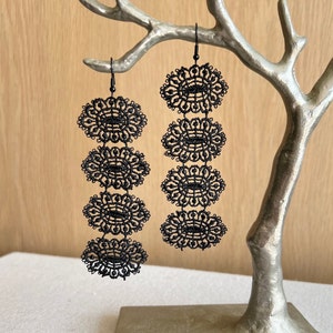 Black lace earrings, black geometric earrings, textile earrings, lightweight earrings, gift for her, cotton earrings, statement earrings