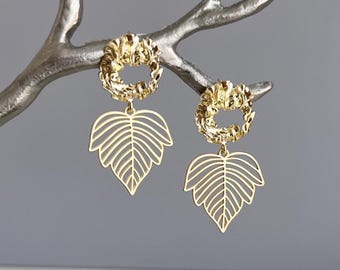 Gold leaf dangle earrings, statement boho earrings, lightweight gold earrings, filigree leaf drop earrings, modern nature inspired jewelry