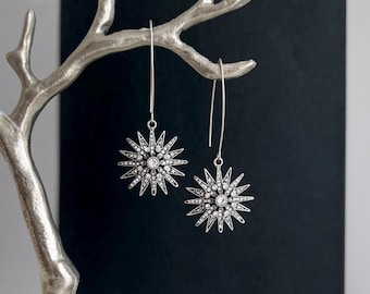 Crystal Starburst Earrings, Celestial Statement Earrings, Silver Dangle Earrings, Sparkly Star Earrings, Cosmic Boho Earrings, Holiday Gifts